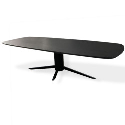 Deens ovaal zwart eiken fineer eettafel met taps lopende metalen spinpoot