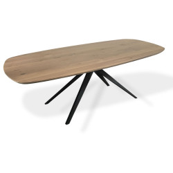 Deens ovaal massief eiken eettafel met taps lopende metalen spinpoot