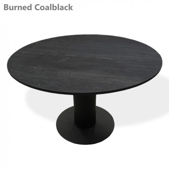 Rond HPL tafelblad met zwart metalen kolompoot