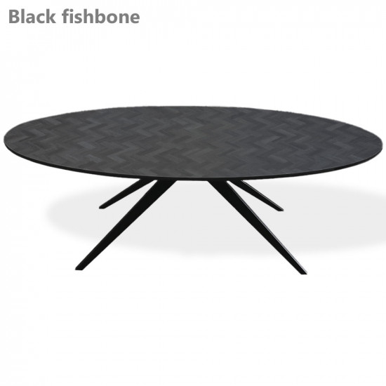 (Deens)ovaal HPL tafelblad met zwart metalen tapse spinpoot