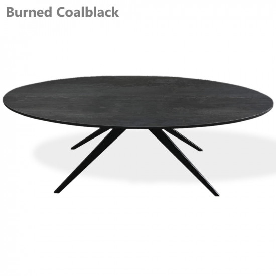 (Deens)ovaal HPL tafelblad met zwart metalen tapse spinpoot